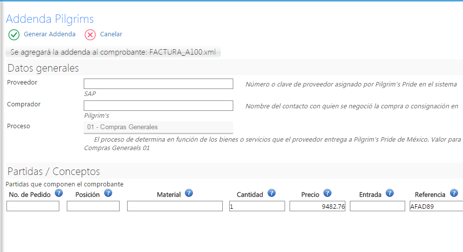 Addenda Pilgrim's en Factura Fácilmente