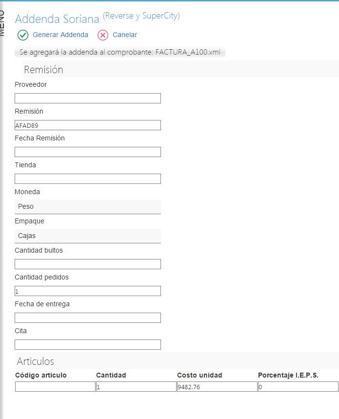 Addenda Soriana en Factura Fácilmente