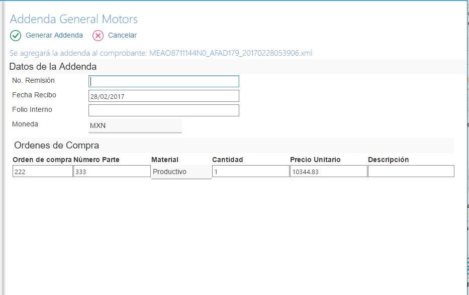Addenda General Motors Factura Fácilmente de México S.A. de C.V.