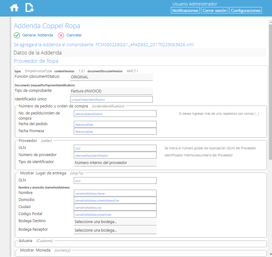 Addenda Coppel Ropa en Factura Fácilmente