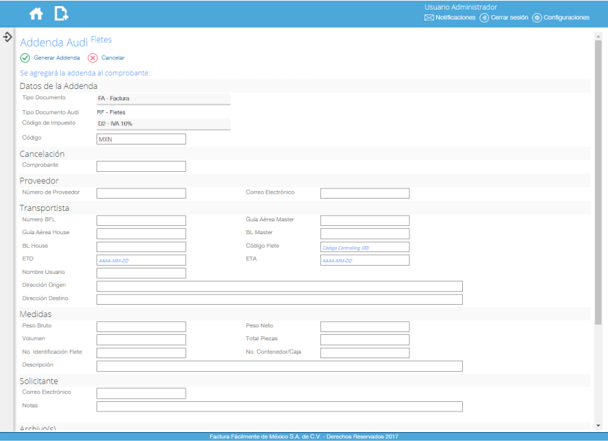 Addenda Audi FR - Fletes en Facturafacilmente