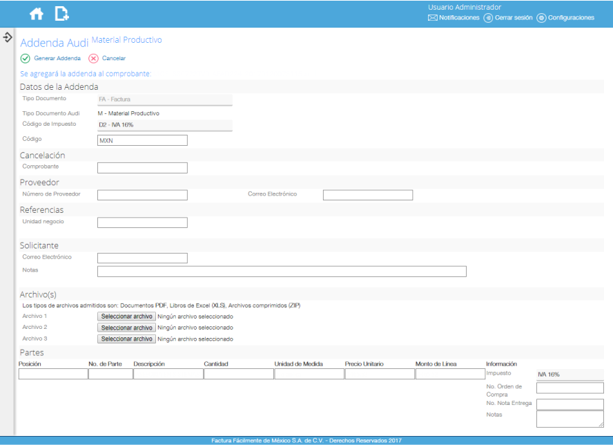Addenda Audi M - Material Productivo en Facturafacilmente