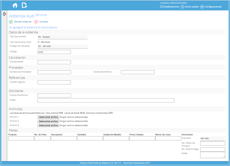 Addenda Audi S - Servicios en Facturafacilmente