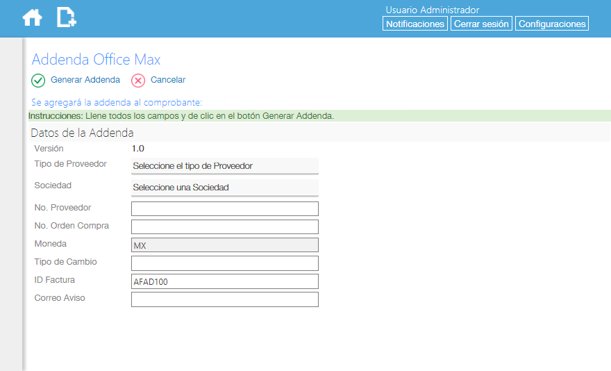 Addenda OfficeMax en Facturafacilmente