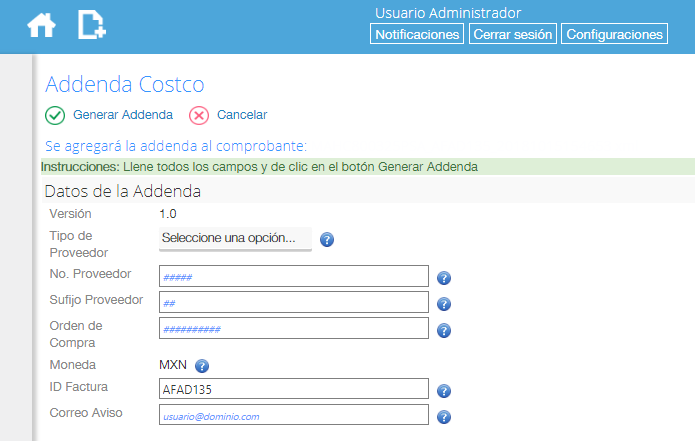 Addenda Costco en Facturafacilmente