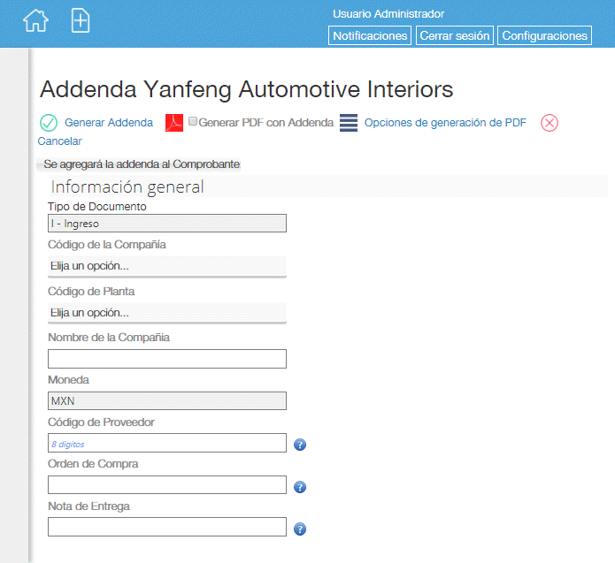 Addenda YFAI en Facturafacilmente